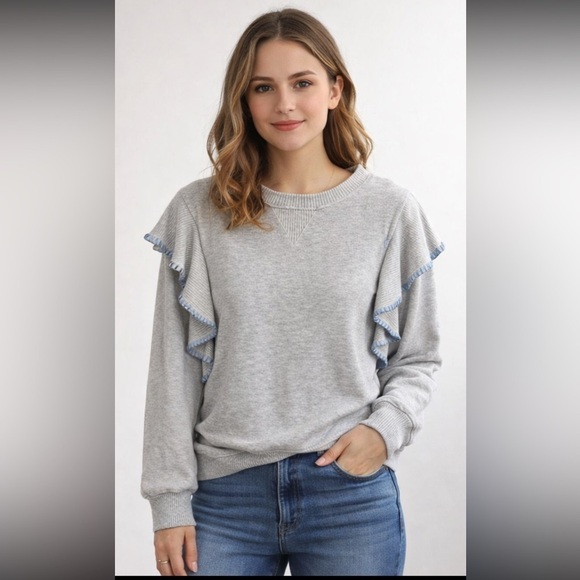 Democracy Tops - Democracy Brushed Sweater Knit Ruffled Top Light Heather Gray Blue Ruffle Trim